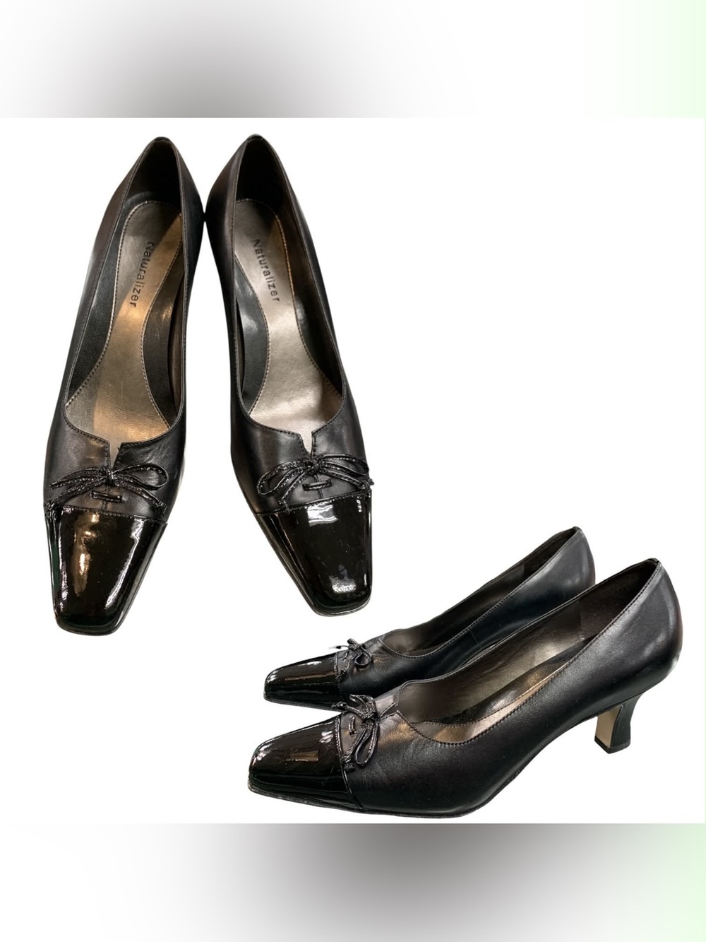 Naturalizer Black Mid Heel Pumps with Patent Toe and Bow S8